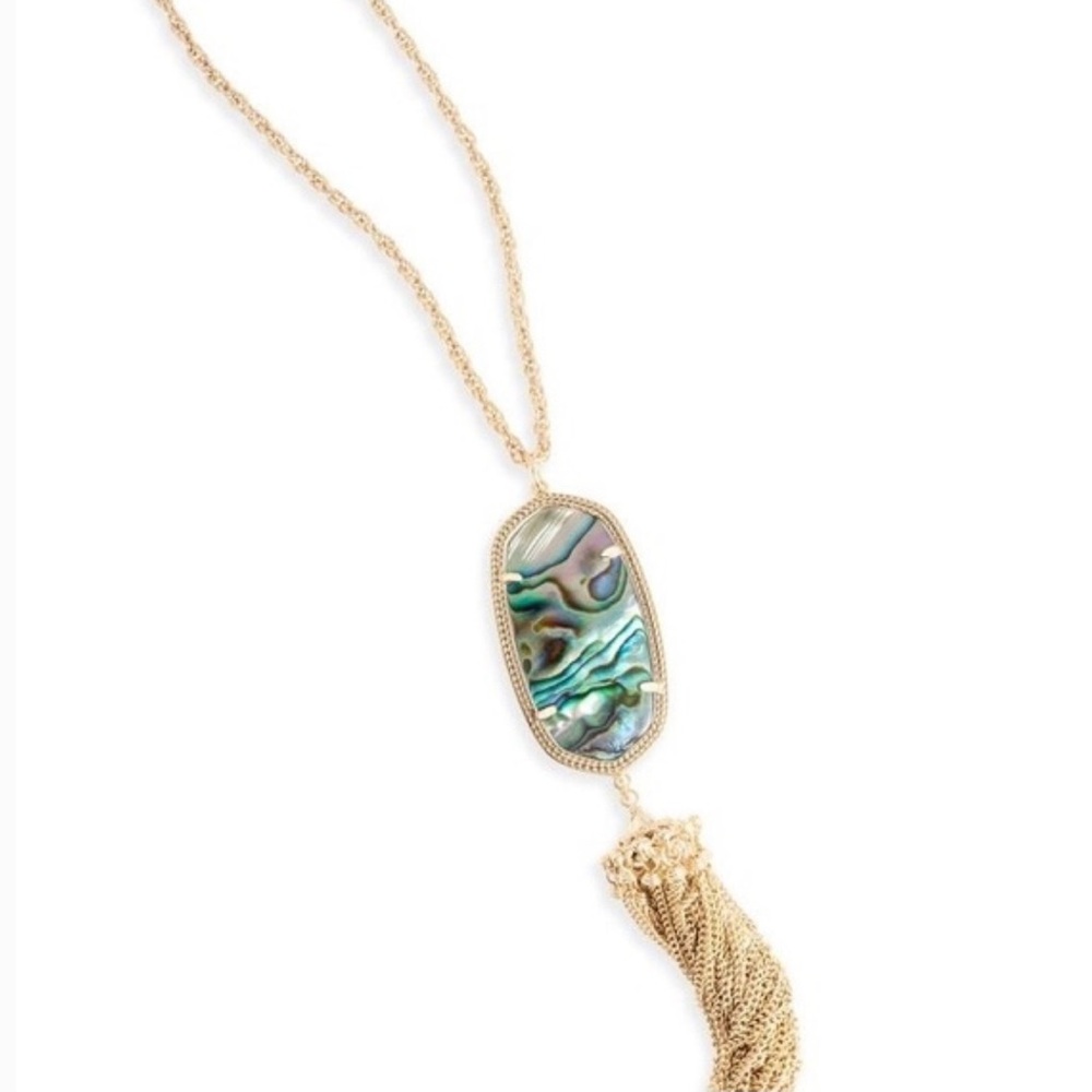 Kendra Scott Rayne Abalone Shell Long Gold Fringe Necklace Blue Green Purple